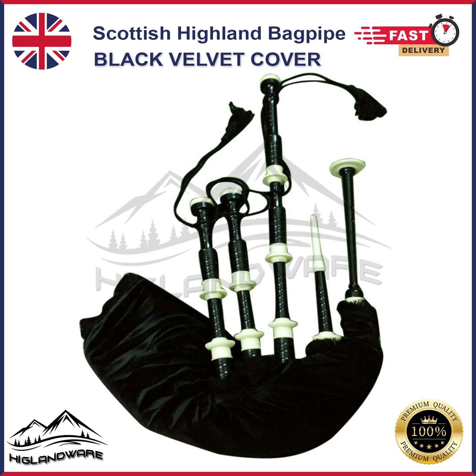 Great Highland Scottish Bagpipe Black Colour Bag Cover imitation Ivory