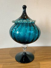 Vintage MCM Turquoise Glass Italian Empoli Stemmed Bon Bon Dish With Lid 34 Cm
