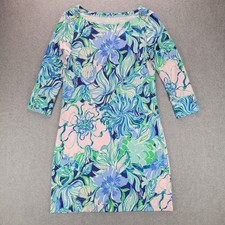 Lilly Pulitzer Sophie Shift Dress Pink Blue Floral Gold Button Shoulder Small