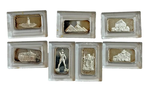 Lot of 7 Atlantis Mint Seven Wonders of the World Bars - 1 Gram .999 Fine Silver