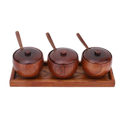 Retro Spice Jar Seasoning Pot Sugar Bowl With Lid Wood Box Kitchen Tool SET