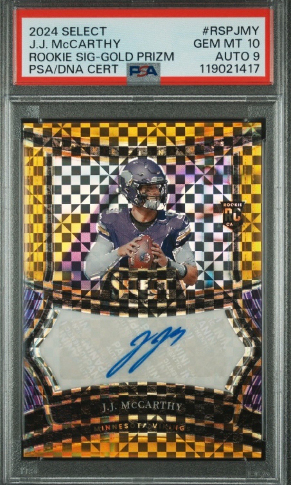 JJ McCarthy Panini Select Rookie Signatures #RSPJMY Gold Prizm