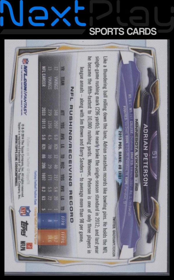 2014 Topps #51 – Adrian Peterson | - Image 2 of 2