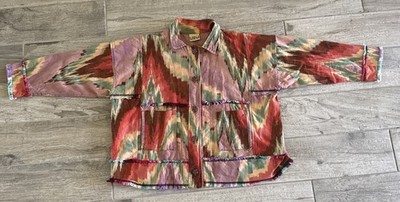 URU Southwestern Womens Jacket Raw Hem Boho Frill Button Up - Colorful Silk