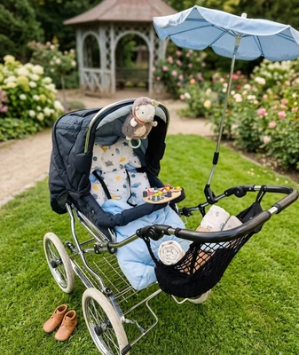 Vintage Hesba Kinderwagen SEHR VIEL Zubehör blau hellblau Kombiwagen Marineblau - Bild 1 von 4