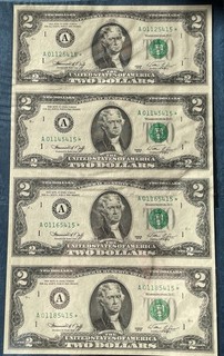 1995 Uncut Sheet of 4 $2 Dollar STAR Bills W/Folder Boston “A” Dist Unc Crispy