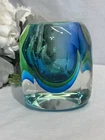 Murano Blue & Green Mid Century Modern Italy Bud Vase/ Candle Holder 4.5” X 3.5”