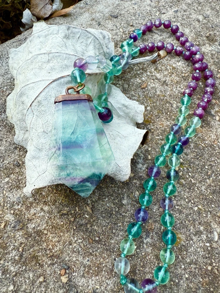 HIGH QUALITY, HANDMADE RAINBOW FLUORITE MALA NECKLACE 40 “LONG - Image 3 of 3