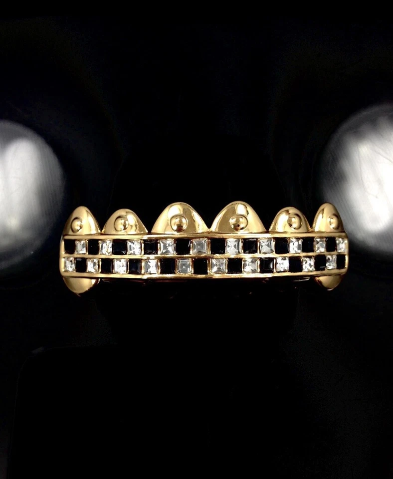 NEW 14k Gold GP Top Tooth iced Grillz Black ice Mouth Grills For teeth Bling Out - Image 3 of 4