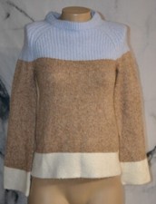 ANN TAYLOR PETITES Blue Tan White Colorblock Fuzzy Acrylic Blend Sweater PS