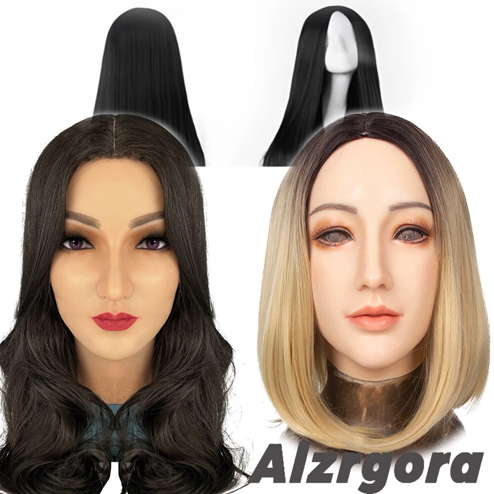 Realistic silicone female mask with head mounted face mask and black long wig