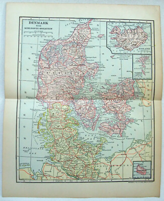 Denmark - Original 1908 Map by Dodd Mead & Co. Schleswig Holstein. Antique