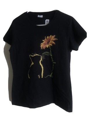  You Are My Sunshine  Women s Black T Shirt Cute Cat Sunflower Top M