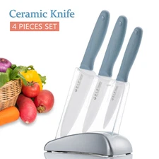 3pcs Ceramic Kitchen Knives Set Chef's Utility Knife Blade Sharp 4" 5" 6" + Base