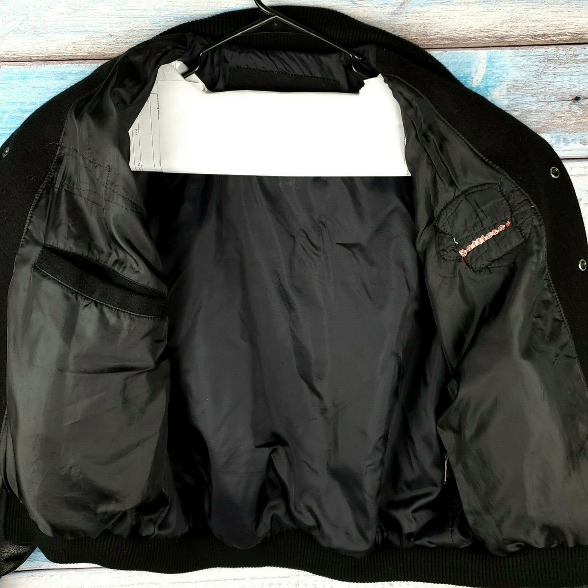 Luna Pier Black Large Leather Jacket Men Wool Sleeves Button Luna Pier Black Large Leather Jacket Men Wool Sleeves Button