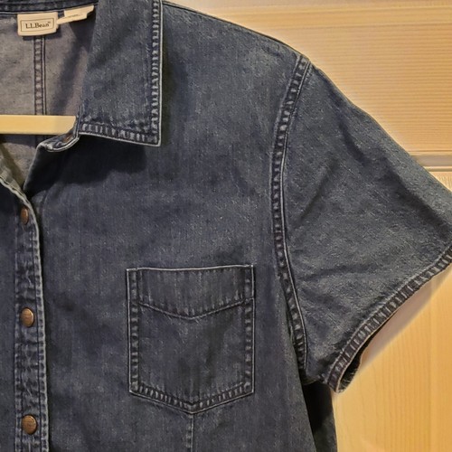 LL Bean Women's Blue Denim Shirt Dress Sz 18 Short Sleeve 10 Snap Button Up - Picture 3 of 8