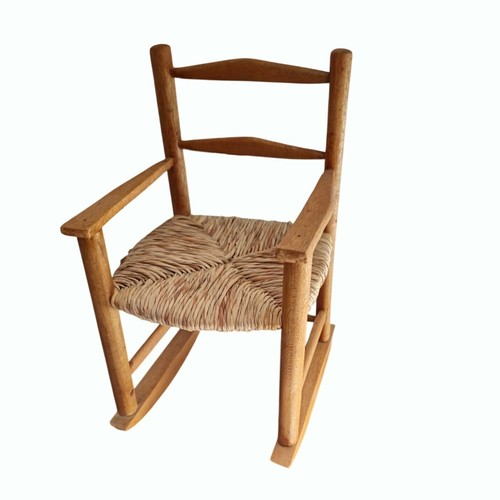 Handcrafted Wooden Doll Rocking Chair With Woven Seat Vintage Rustic Style