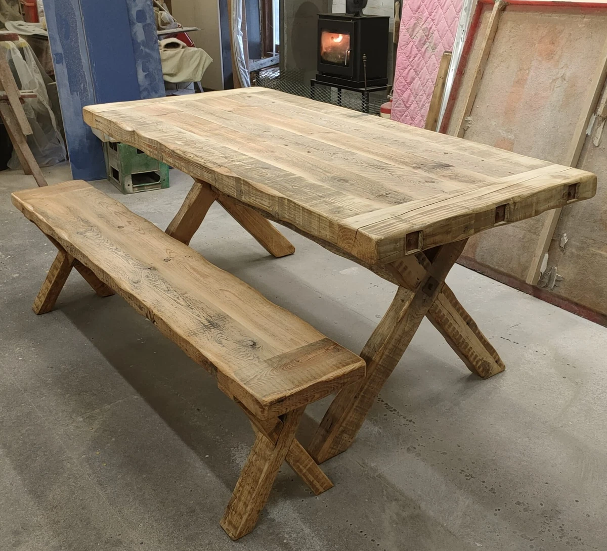 Rustic Reclaimed Pine Farmhouse Dining Table and Bench