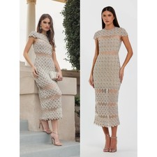 Mac Duggal Beige Embellished Mesh Fitted Midi Dress W/ Sheer Panels $798 Size 2