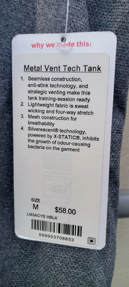 Camiseta sin mangas Lululemon Metal Vent Tech para hombre talla M - gris - nueva con etiqueta Foto 2 de 4