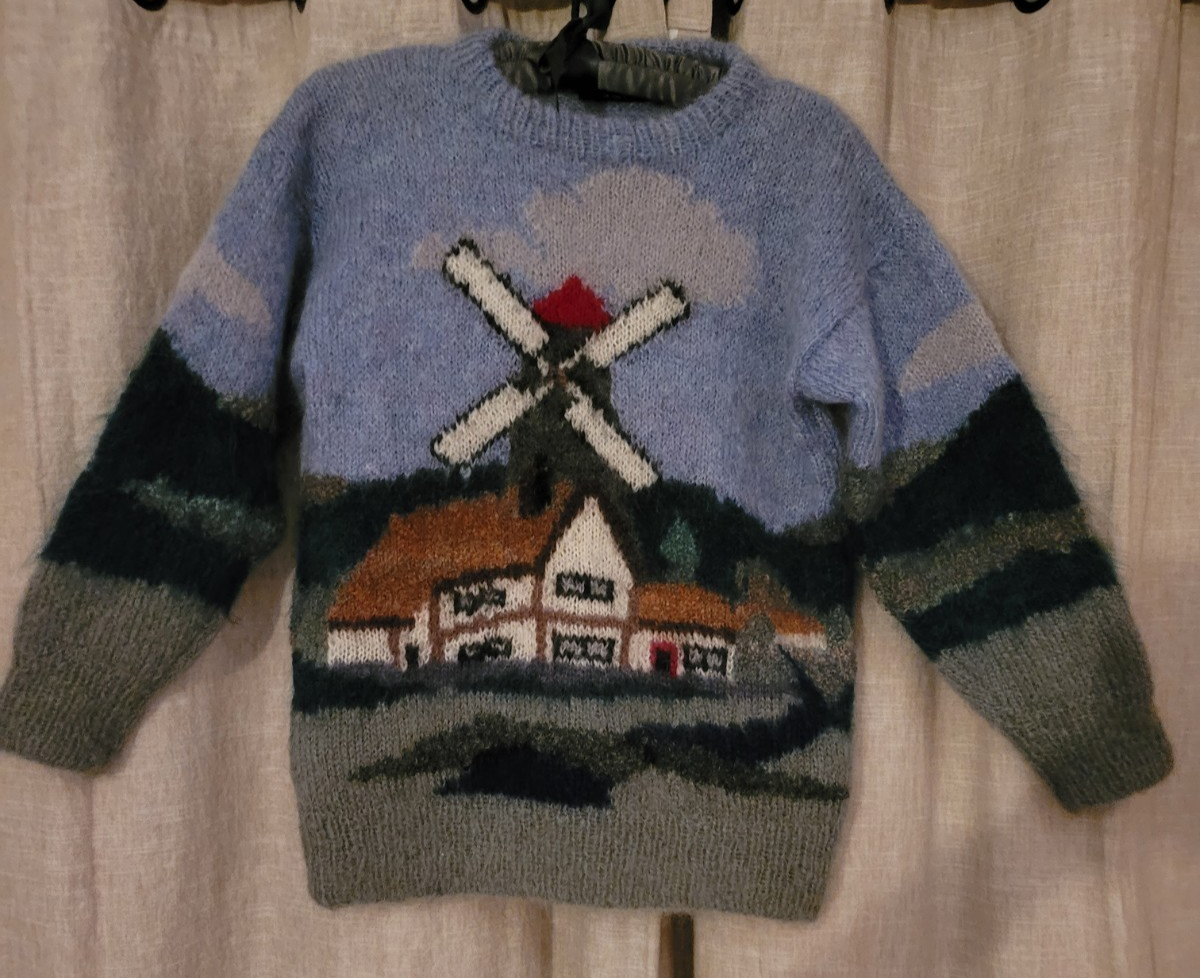 Vintage Selina Knitwear Hand Knit Mohair Pastoral Windmill Scene 
