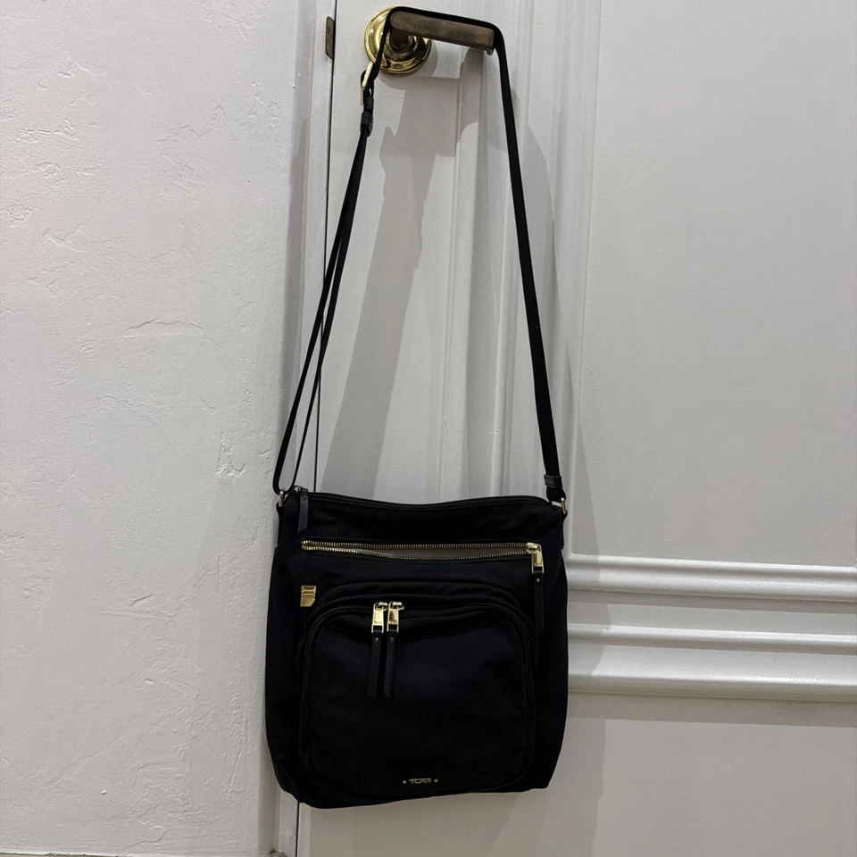 Black/Gold Tumi Crossbody Bag Adjustable Logo Purse Handbag Tote Pocketbook - Image 2 of 4