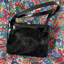 Vintage Elbief Framed Black Patent Leather Ladies Handbag Suede Interior