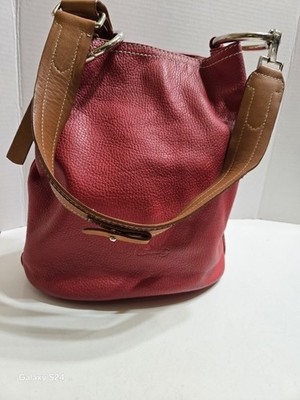 CATS Genuine Red Pebbled Leather With Brown Leather Handles Hobo Bag- Made In...