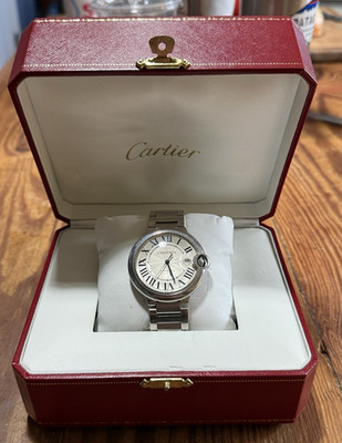 Cartier Ballon Bleu 42mm Automatic Date Silver Roman Dial Stainless Box Papers
