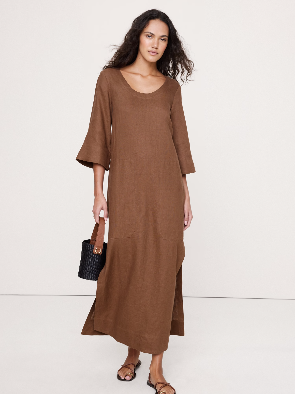 Linen Scoop-Neck Maxi Dress Cinnamon Coffee Brown, New, Free Shipping