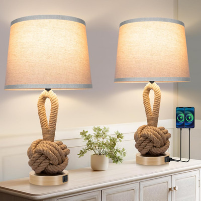 Boho 22'' Rope Table Lamps Set of 2 with USB, 3 Color Temperatures, Bulbs Include