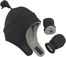 Toddler 12-18 Months Black Sherpa Lined Fleece Winter Kids Hat Mitten Set