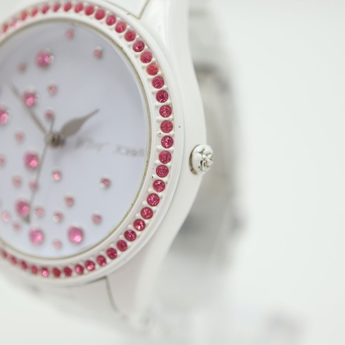 Betsey Johnson White Pink Gem Watch 40mm 5.75" Steel Bracelet w New Battery - Picture 9 of 13