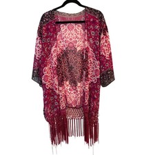 Boho Fringe Kimono Cardigan Coverup Shawl Wrap Burgundy Pink Med Large