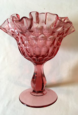 FENTON CRANBERRY GLASS STEMMED, RUFFLED, THUMBPRINT, HONEYCOMB CANDY DISH