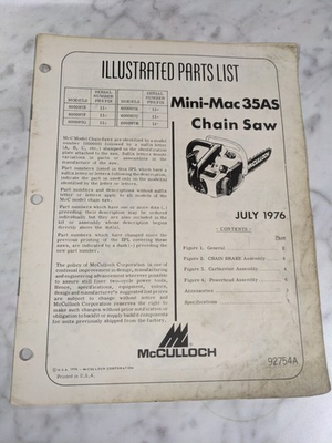 #ad MCCULLOCH PARTS LIST ILLUSTRATED MANUAL CHAIN SAW MINI MAC 35AS 1976 92754A $9.07