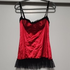 Frederick's of Hollywood Vintage Red Satin and Black Ruffled Lingerie Top