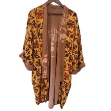 Reversible Boho Floral Abstract Kimono Robe Duster Mauve Yellow Rust One Size