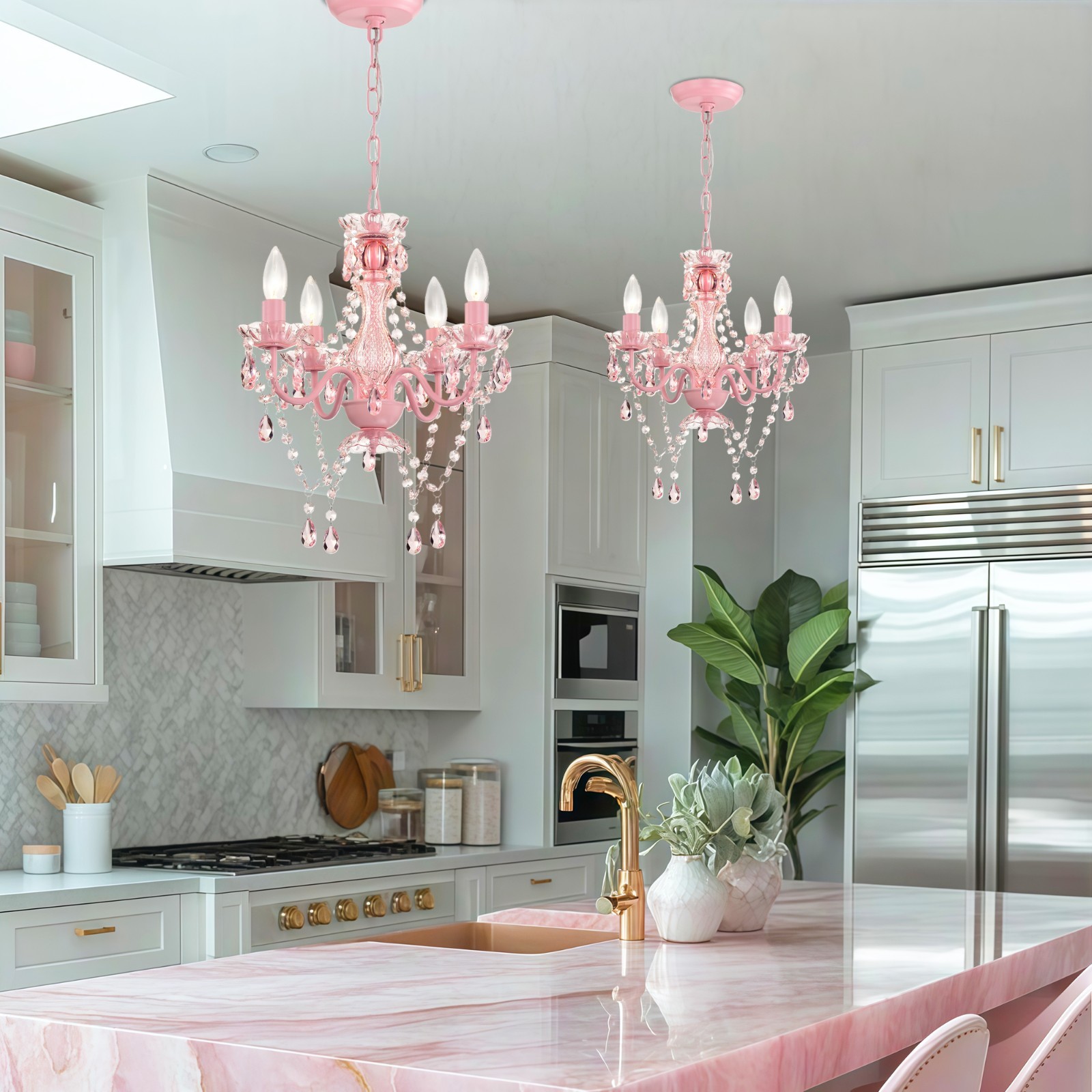 Pink Crystal Chandelier, Small 4-Light Acrylic Ceiling Lights for Girls Bedroom