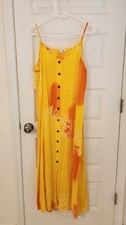 Vtg RAIN Rayon Maxi Dress Yellow Orange Buttons Sun Size M #1312