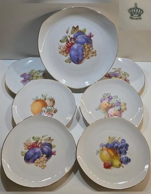 Vintage Bavaria Porzellan Obstteller Set 7 tlg./Dreieckige Form /Goldrand/1960er