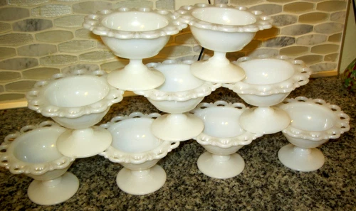 Set of 8 Vtg. Anchor Hocking White Milk Glass Old Colony Pedestal Sherbert Bowls