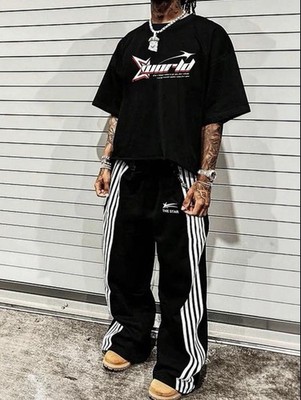 The Star Men's Black Striped Jogger Tracksuit Set T-shirt Pants 'World' Logo