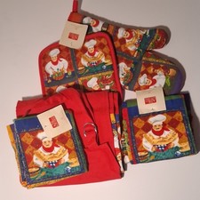 Chef Theme Novelty Cotton Kitchen Set 4pc Apron Mitt Potholder Towel Red