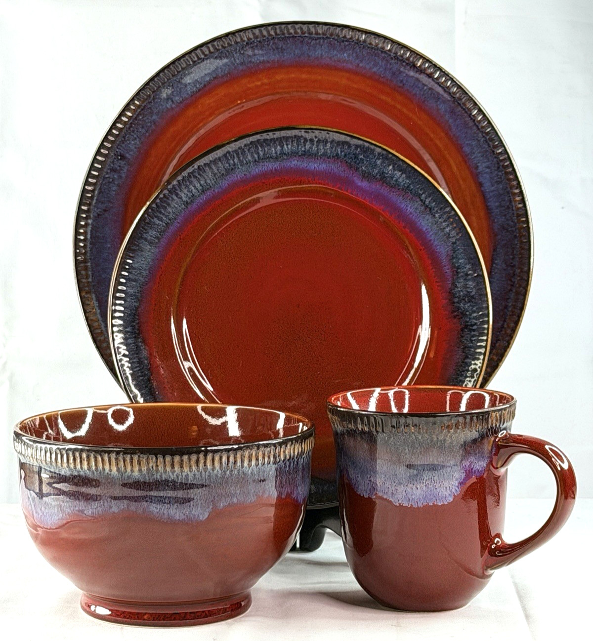 4 Piece Red Burgundy Reactive Glaze Stoneware