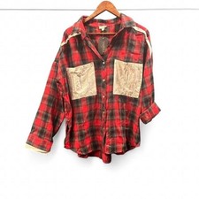 Women's oversized Red plaid button down flannel shirt MEDIUM