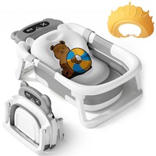 Foldable Baby Bathtub Collapsible Infant Shower Bathtub with Thermometer Grey