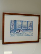 -ANCIENNE CADRE AVEC CHROMO CHAT ALLONGE AU SOLEIL SOUS VERRE CADRE BAGUETTES XX