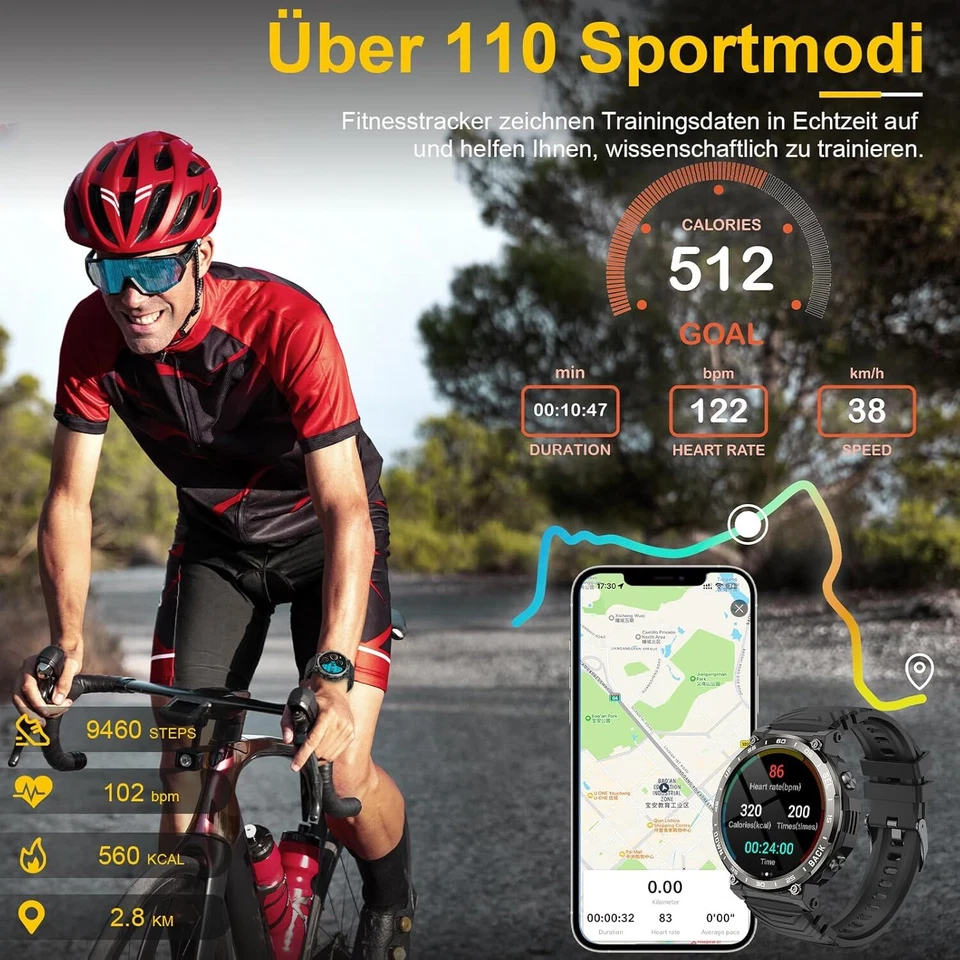 Militär Smartwatch Herren mit Bluetooth-Anrufe 5ATM Wasserdicht 960mAhFitnessuhr - Bild 3 von 4