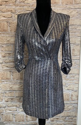 ZARA Metallic Silver Mirror Sequin Wrap Blazer Tuxedo Dress ASO